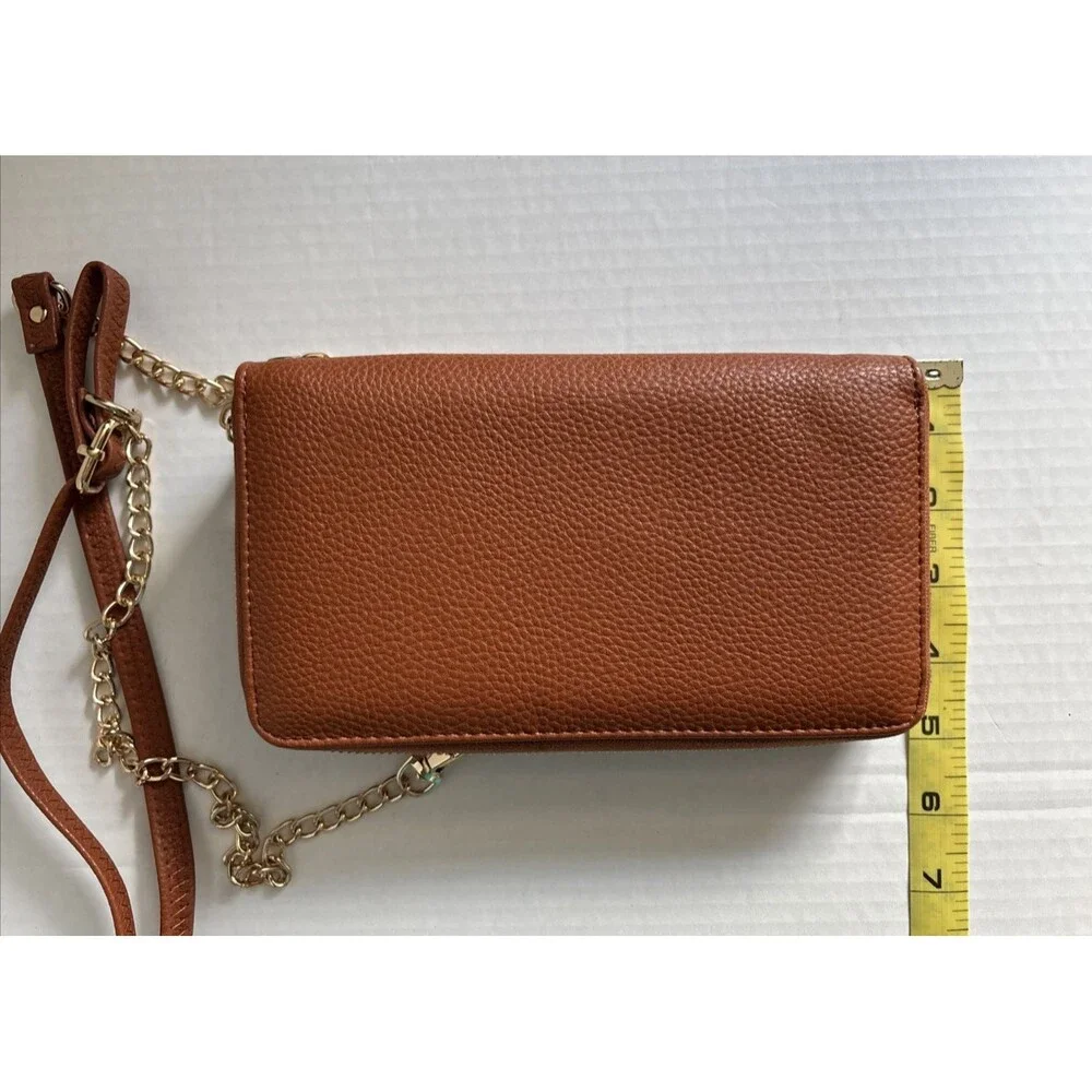 Dasein Crossbody Small Bag or Clutch Tan Brown Faux Leather Gold Chain Strap 8x4